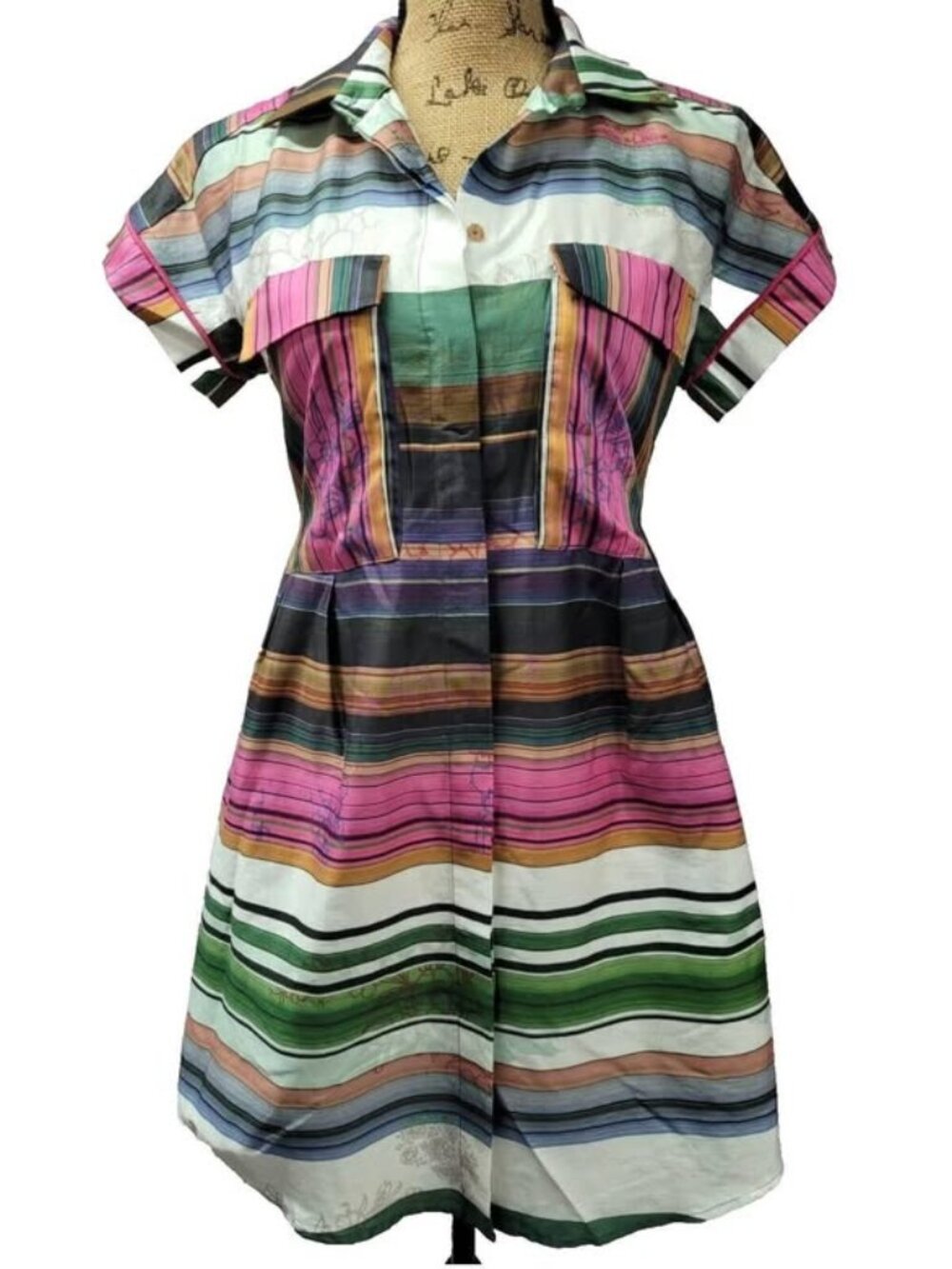 NWOT Beatrice Italy Multi-Color Striped Short Sleeve Cotton Midi Shirt Dress - X
